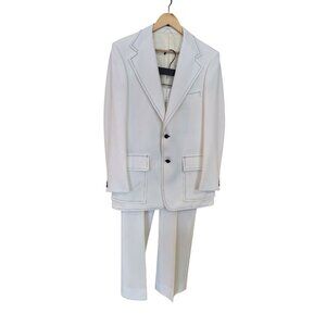 College Roe Mens 1970's White Polyester 2 Piece suit Blue highlighted seams